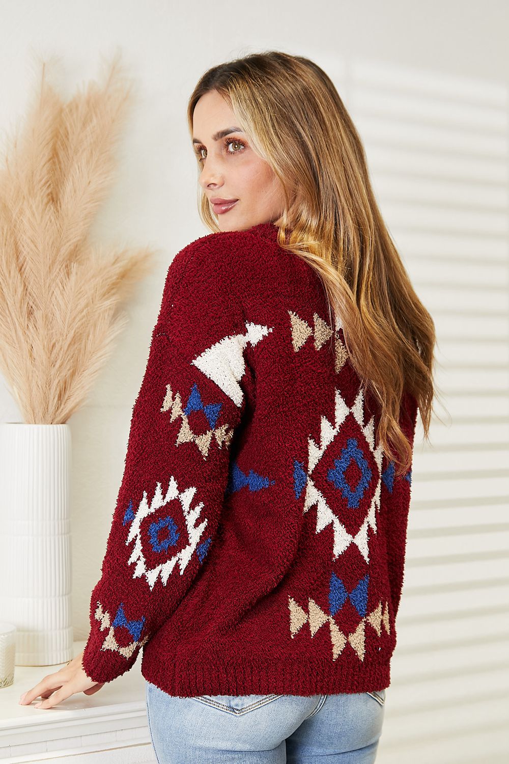 HEYSON full size Aztec fuzzy sweater by Trendsi, featuring soft, colorful Aztec pattern, cozy and warm for casual wear.