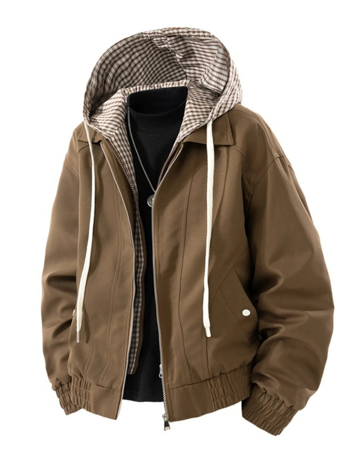 Men's plus size casual plaid-lined hooded zip-up jacket, view 2