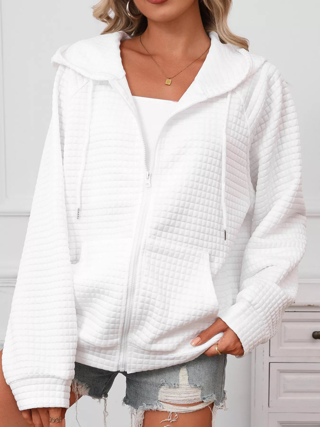 Plus size textured quilted zip-up hooded jacket, view 4