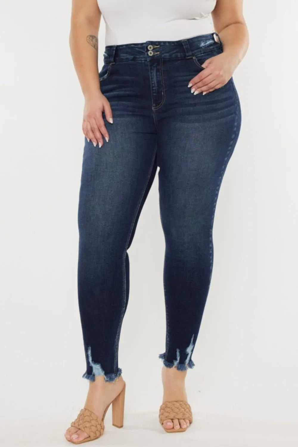 Kancan high waist jeans with raw hem and whisker details, showcasing a full size fit, from Trendsi.