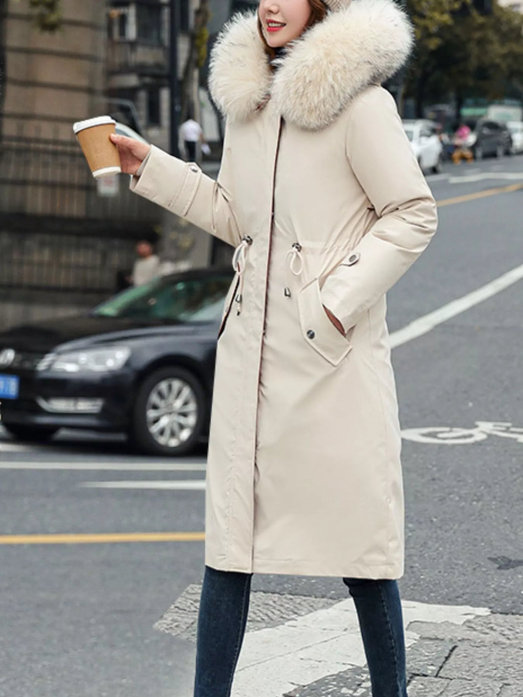 Longline hooded parka with faux fur trim and drawstring waist, view 24