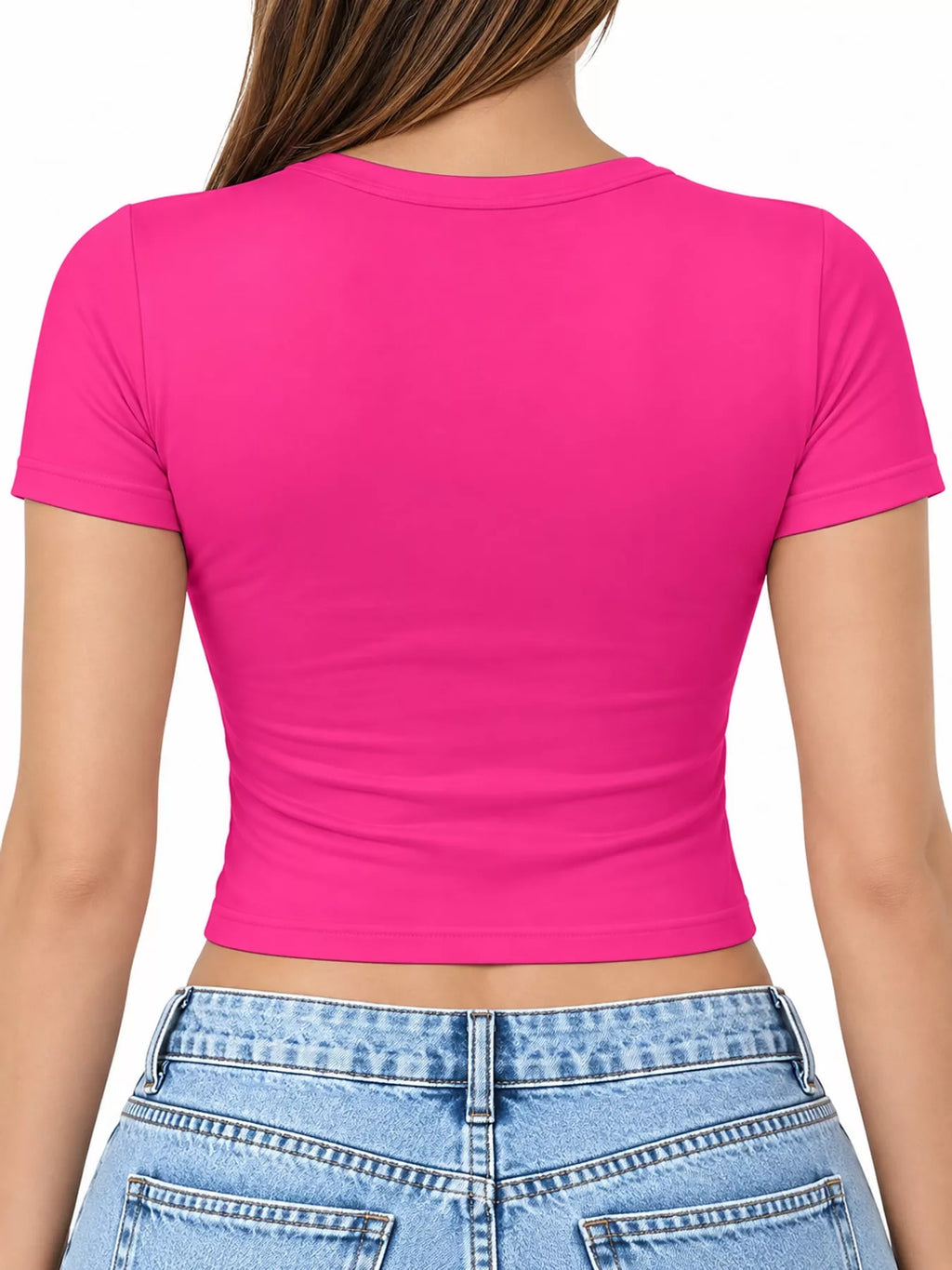 Slim fit basic crew neck short sleeve crop t-shirt by Trendsi, showcasing a fitted design in a versatile style.