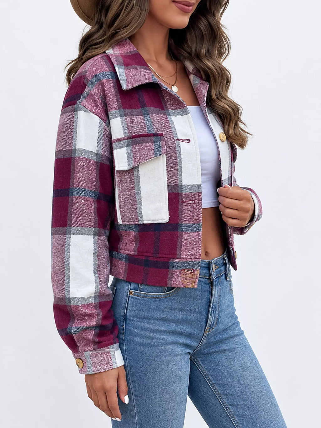 Plaid button-front cropped jacket, view 29