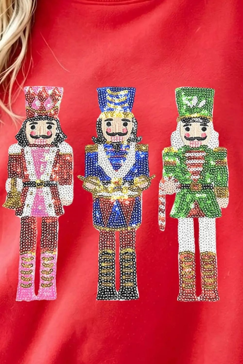 Deep red Christmas sweatshirt with sequin nutcracker, view 3