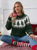 Dark green Christmas tree pattern round neck sweater