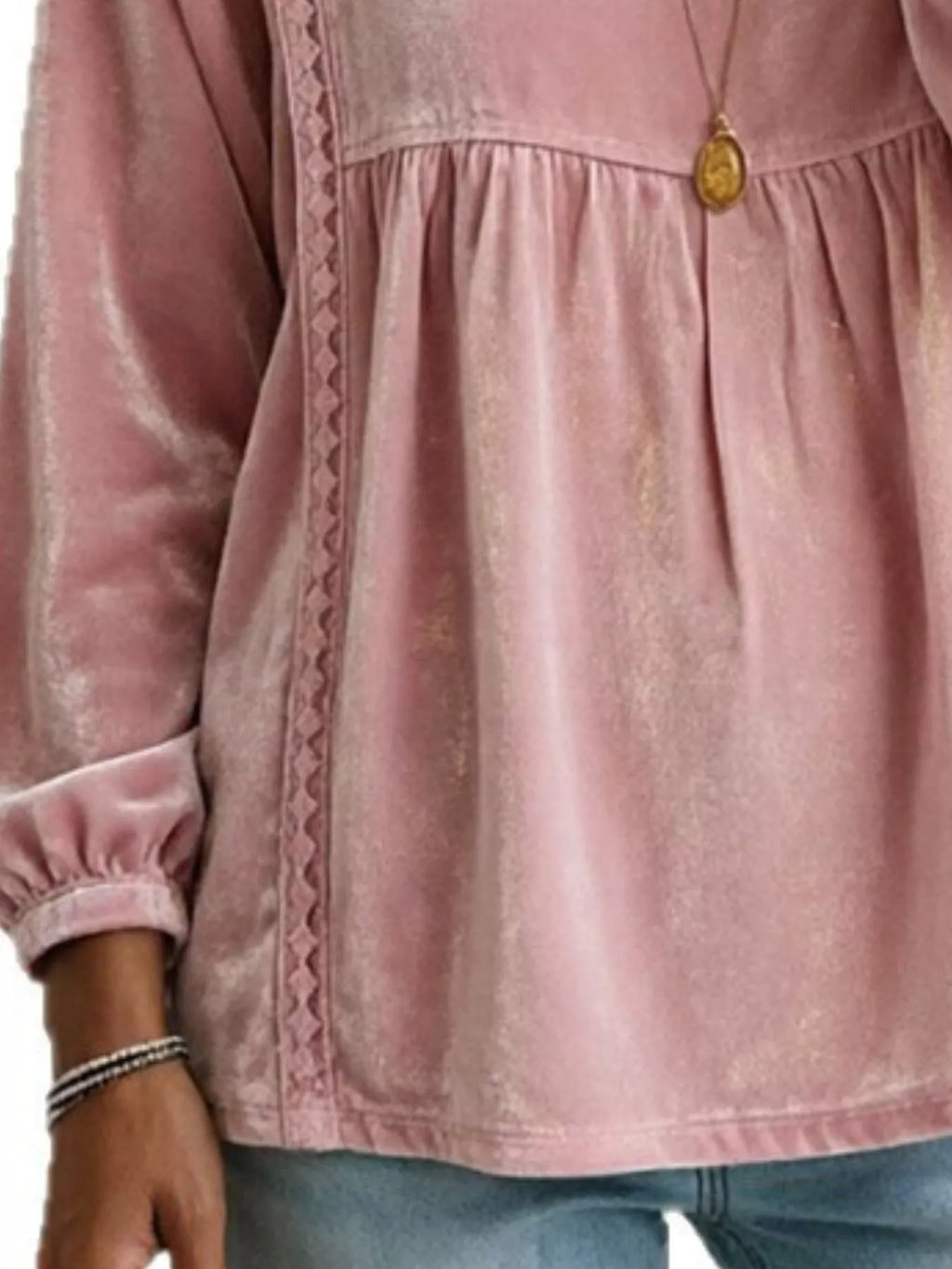 Plus size velvet V-neck long sleeve blouse with lace trim by Trendsi, showcasing the elegant front view.