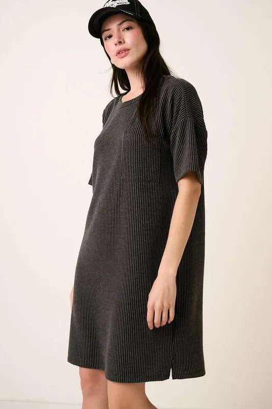 Charcoal rib knit short sleeve T-shirt dress, view 3