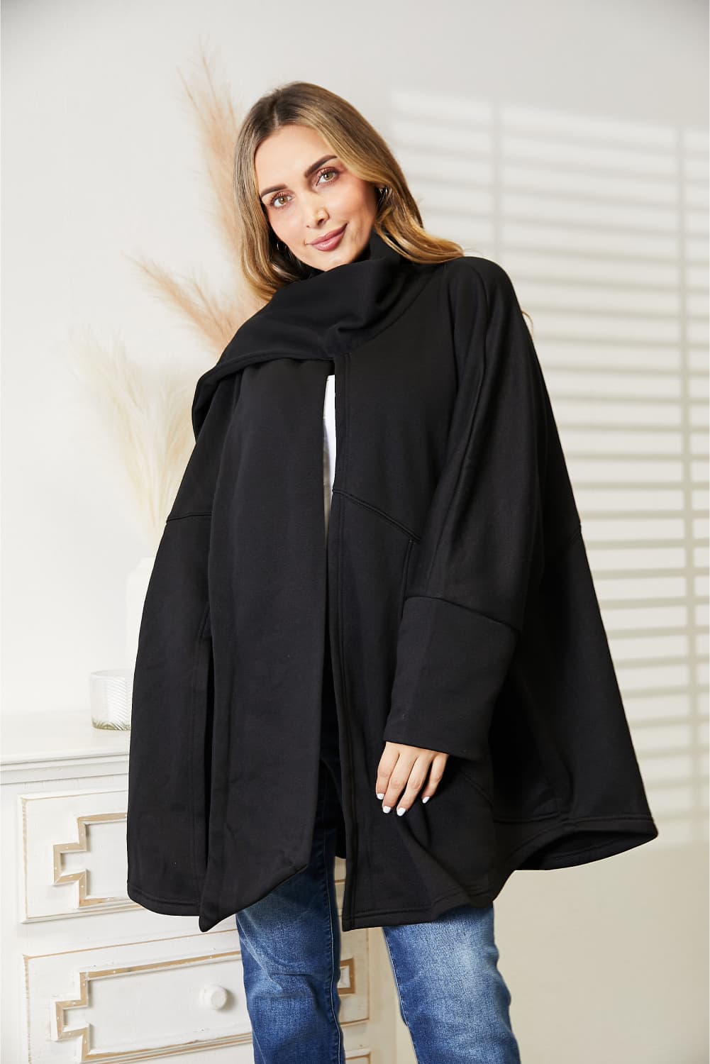 Trendsi HEYSON full-size open front cardigan with scarf design, featuring a relaxed fit and cozy knit texture.