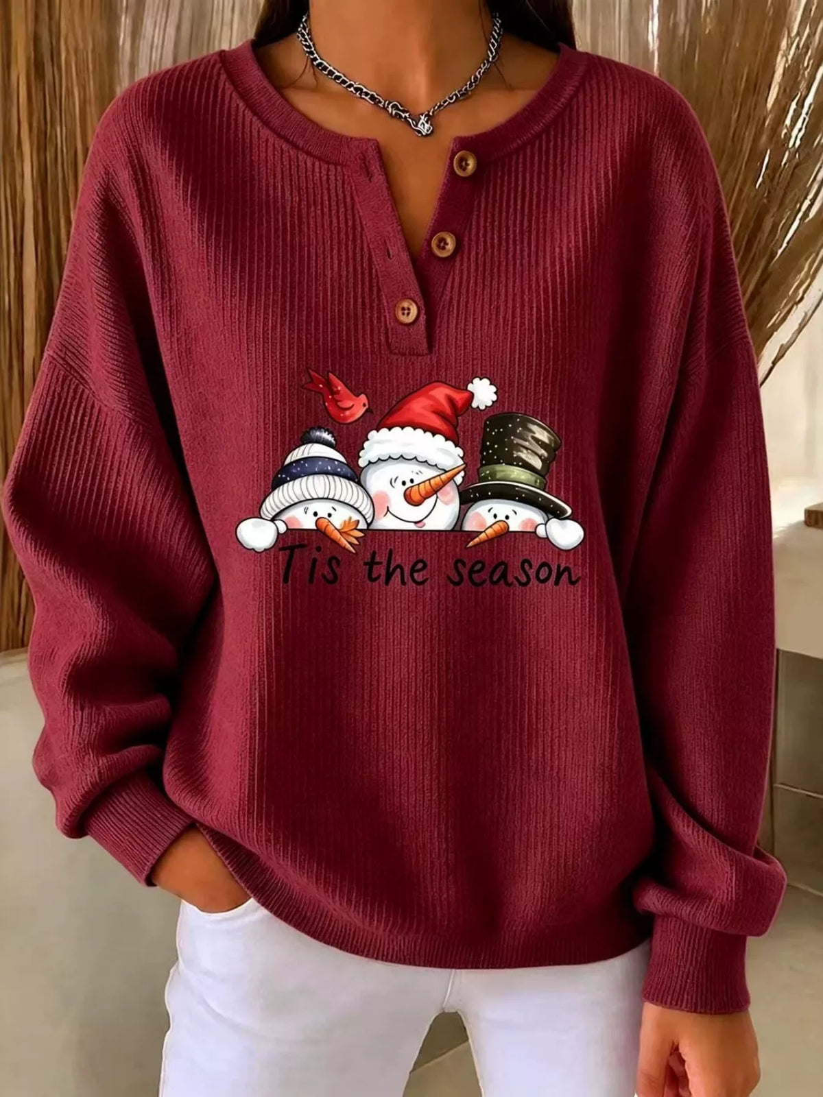 Christmas snowman graphic ribbed henley sweatshirt, view 7