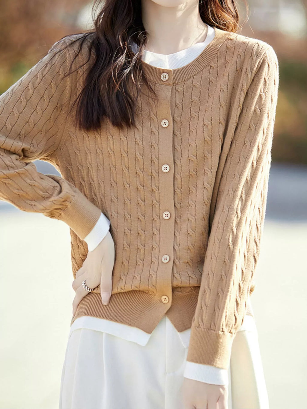 Cable-knit button-down cardigan, view 18