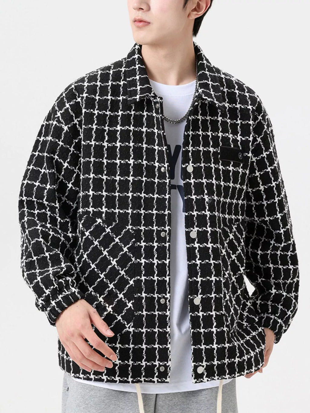 Men's plus size oversized plaid button-up jacket, view 5