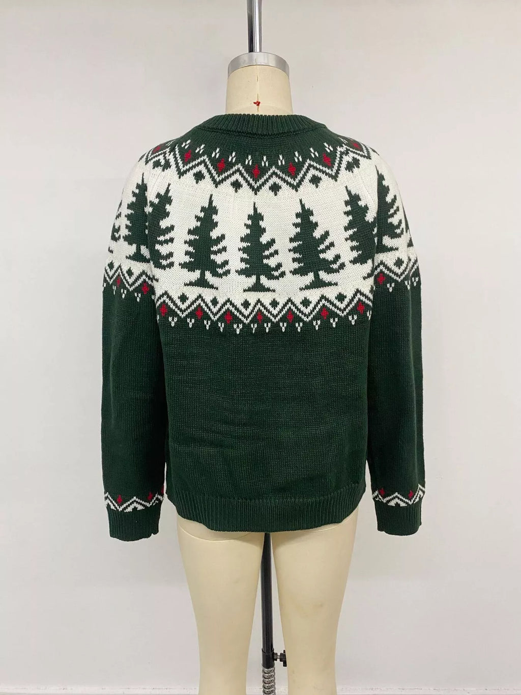 Dark green Christmas tree pattern round neck sweater, view 14