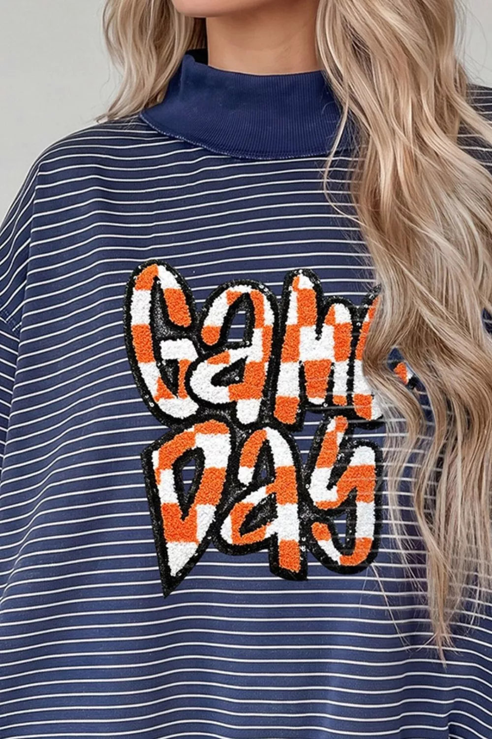 Stripe GAME DAY letter print long sleeve and graphic shorts set by Trendsi, featuring bold stripes and sporty design.