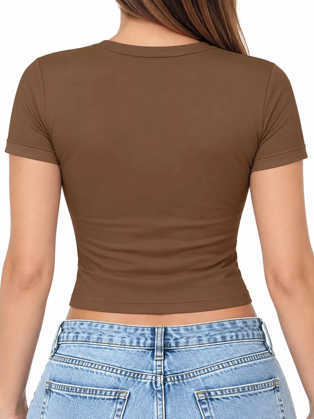 Slim fit basic crew neck short sleeve crop t-shirt from Trendsi, shown in a casual, fitted style with clean lines and soft fabric.