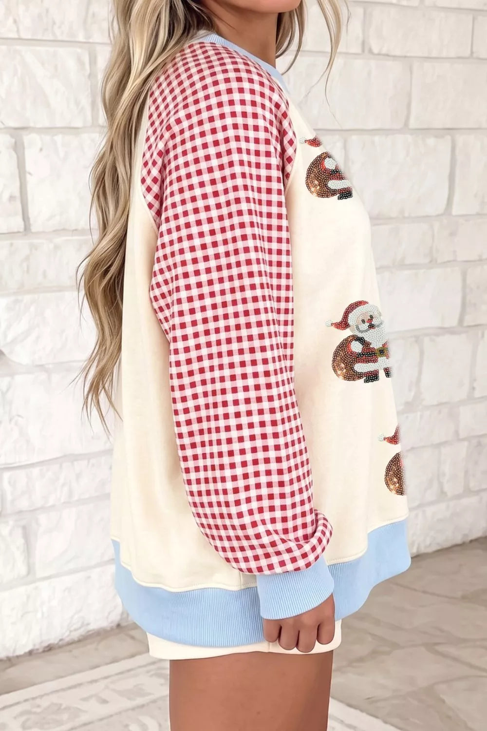 Beige Christmas sweatshirt with sequin Santa and plaid sleeves, view 2