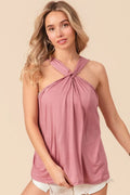 BiBi Rayon Span Jersey Knit Halter Neck Tank Top by Trendsi, featuring a stylish halter neckline and soft, stretchy fabric.