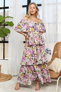 ADORA layered floral off-shoulder short sleeve maxi dress in mauve, featuring a flowy design and elegant floral pattern.