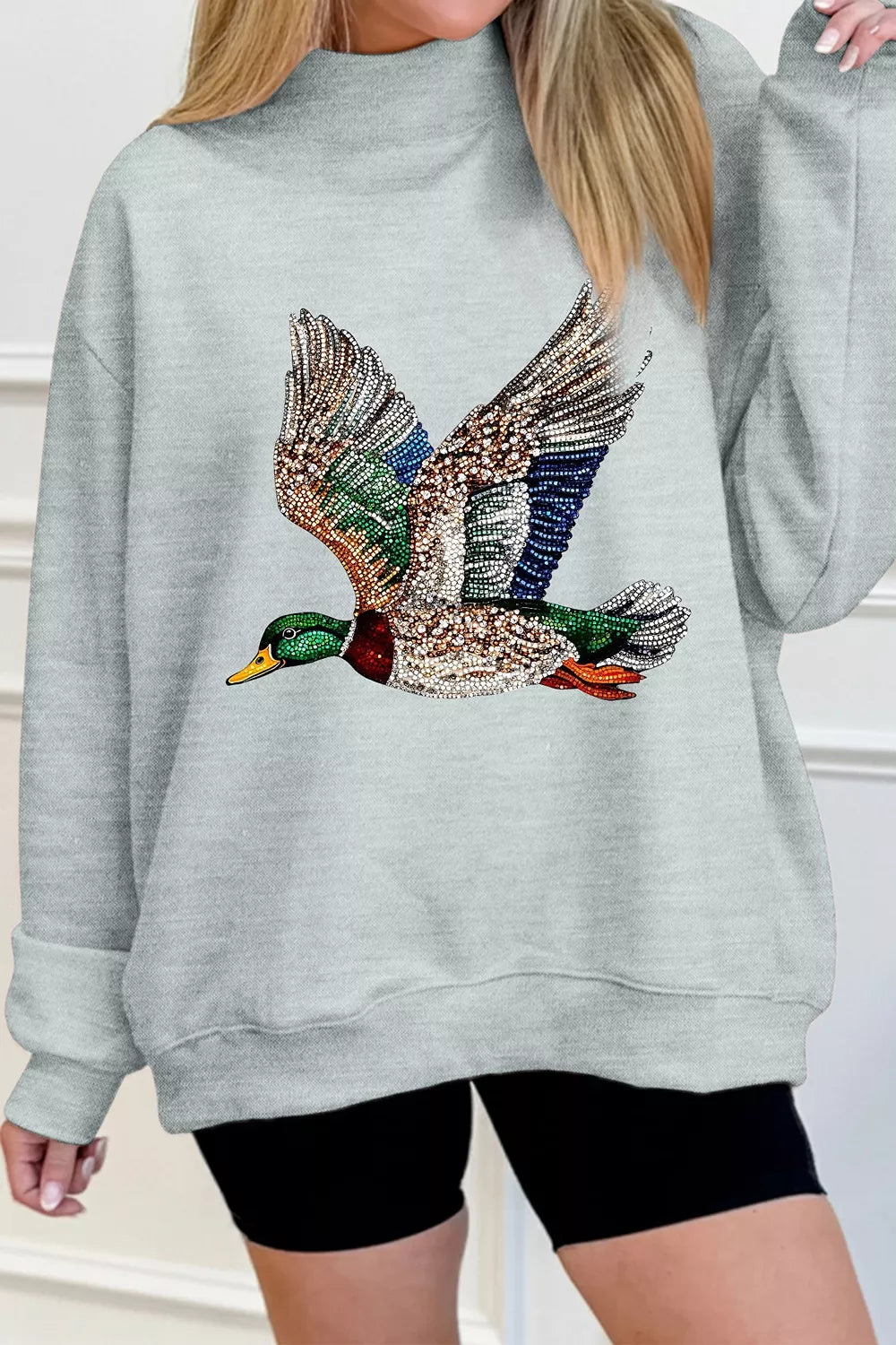 Gray oversized mock neck sweatshirt with western mallard duck print, view 2