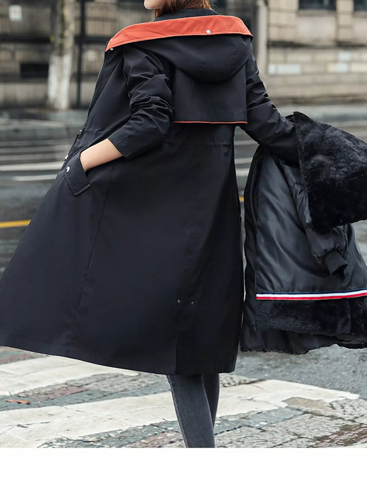 Longline hooded parka with faux fur trim and drawstring waist, view 16