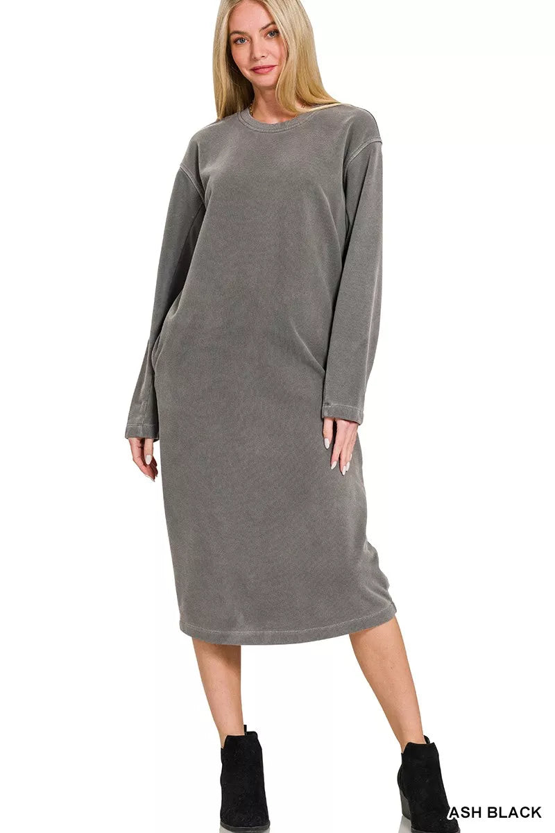 Zenana soft fleece pigment dye sweatshirt dress in a relaxed fit, featuring cozy fabric and casual style.