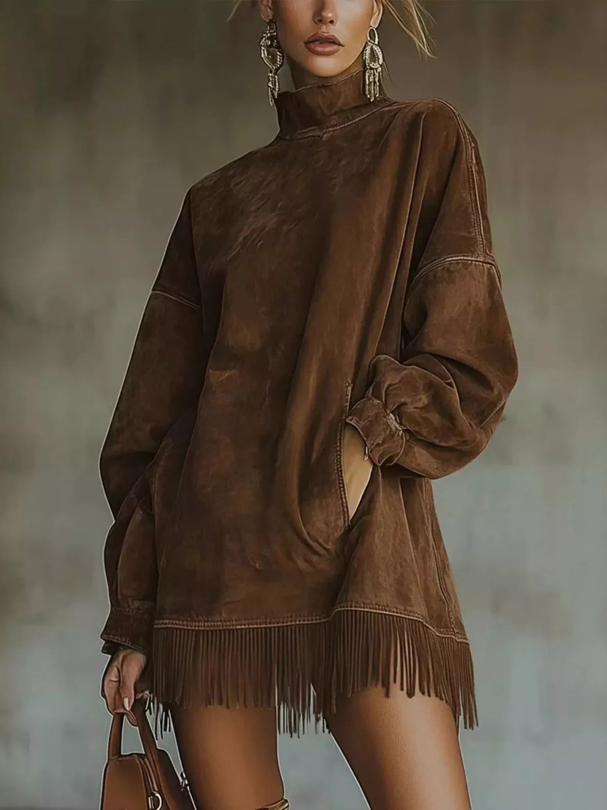 Plus size full size mock neck long sleeve mini dress with fringed hem by Trendsi, featuring a stylish and casual design.
