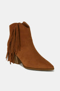 Beast Fashion suede fringe point toe ankle boots by Trendsi, featuring stylish fringe detail and a sleek ankle-high design.