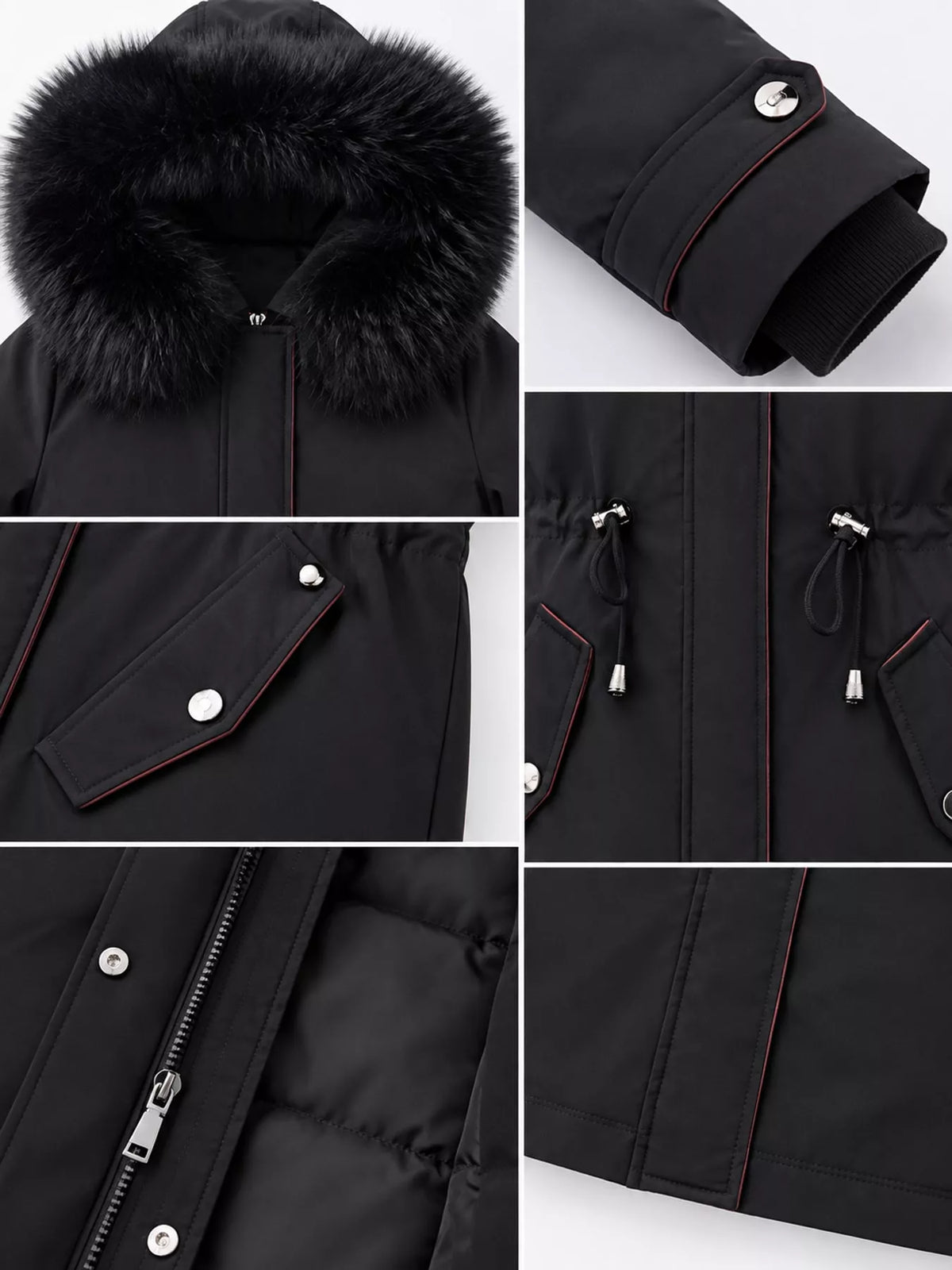 Longline hooded parka with faux fur trim and drawstring waist, view 17