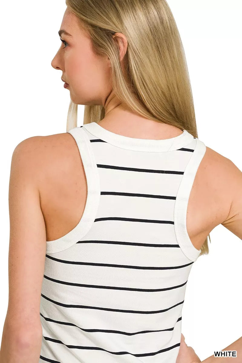 Gray and white striped Zenana round neck tank top from Trendsi, featuring a casual fit and sleeveless design.