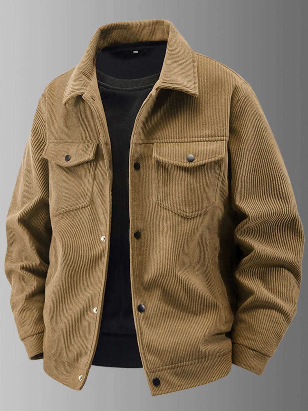 Men's plus size corduroy button-up jacket with chest pockets, view 3