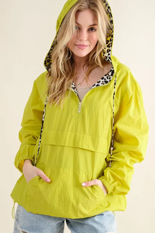 Lime leopard print hooded zip-up windbreaker with pockets, view 5