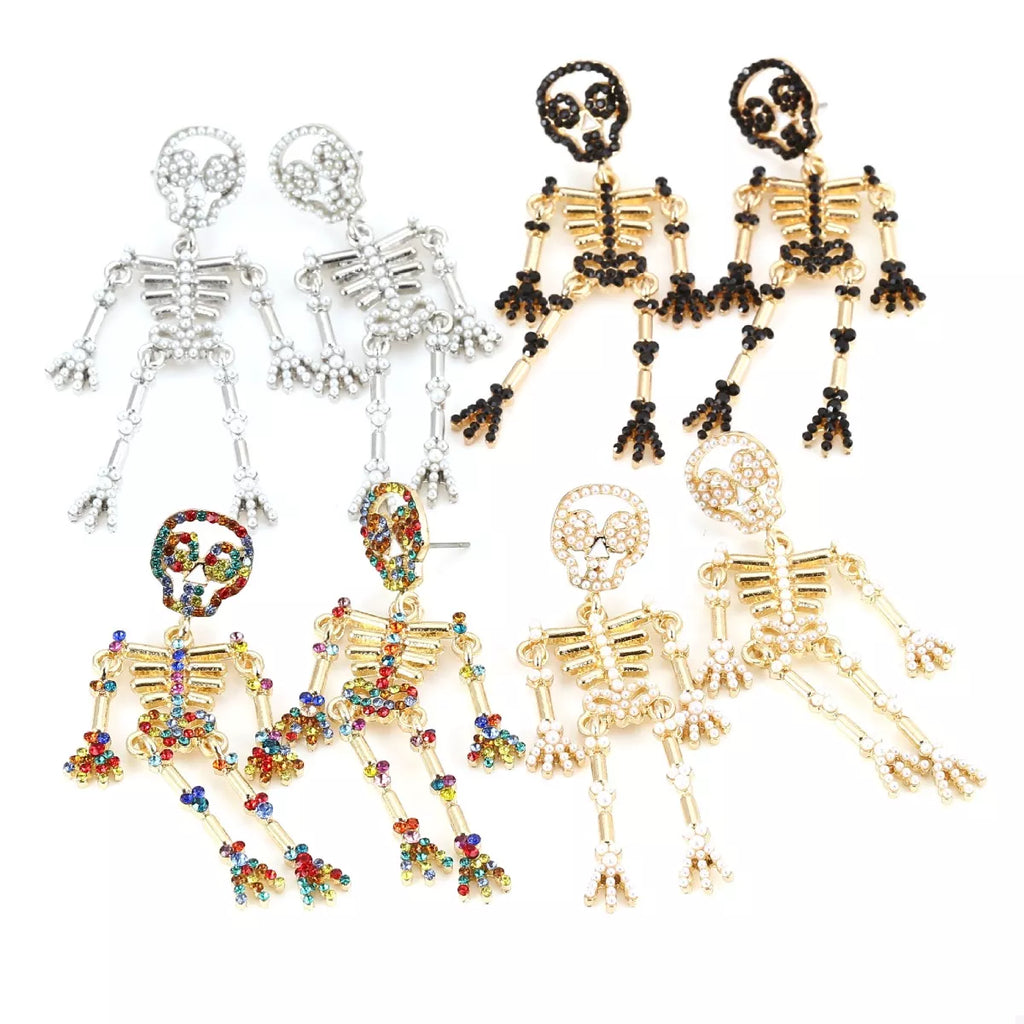 Halloween skeleton statement earrings featuring detailed skeleton design, perfect for spooky festive accessories.