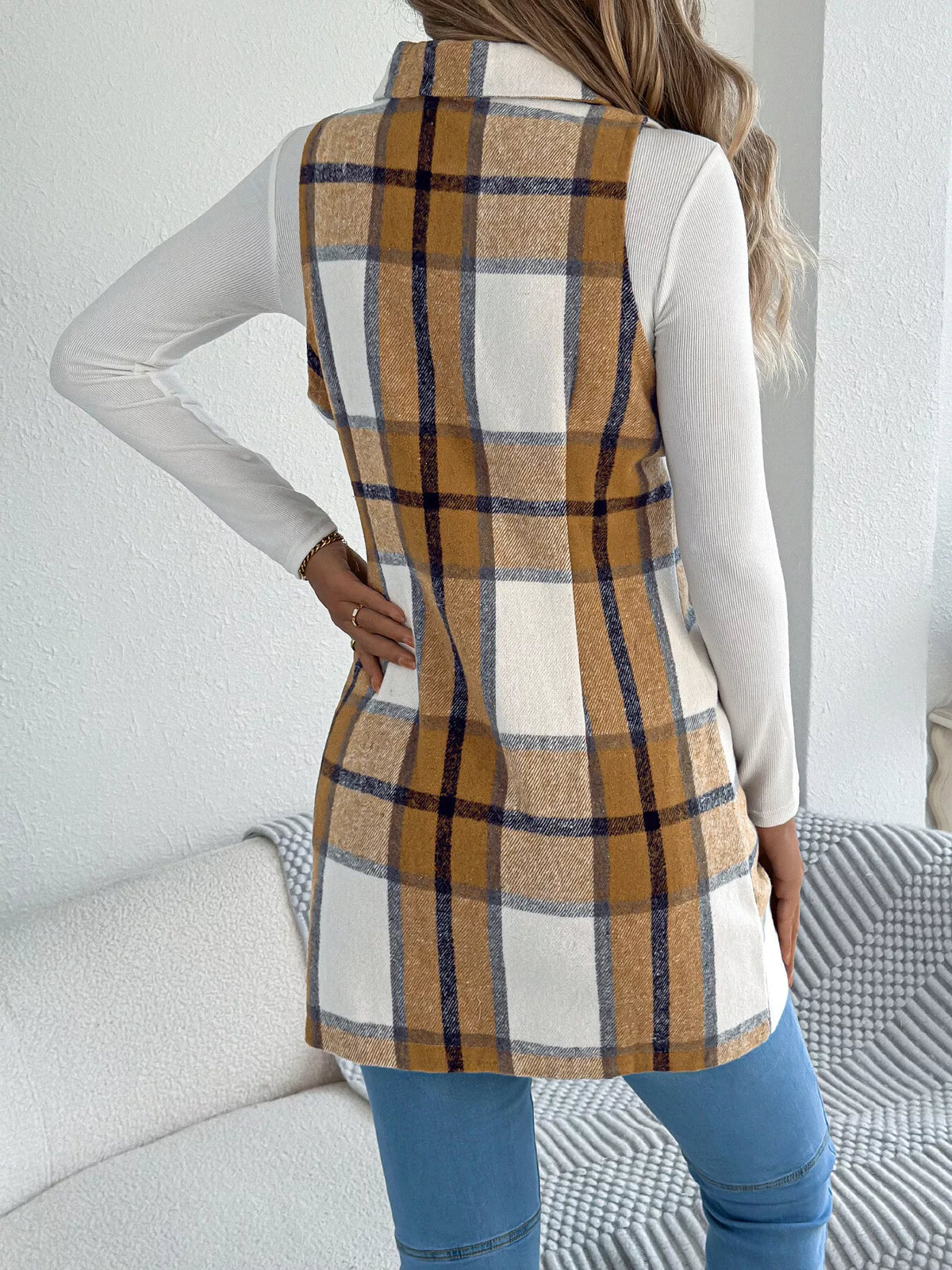 Plaid double-breasted vest coat, view 6