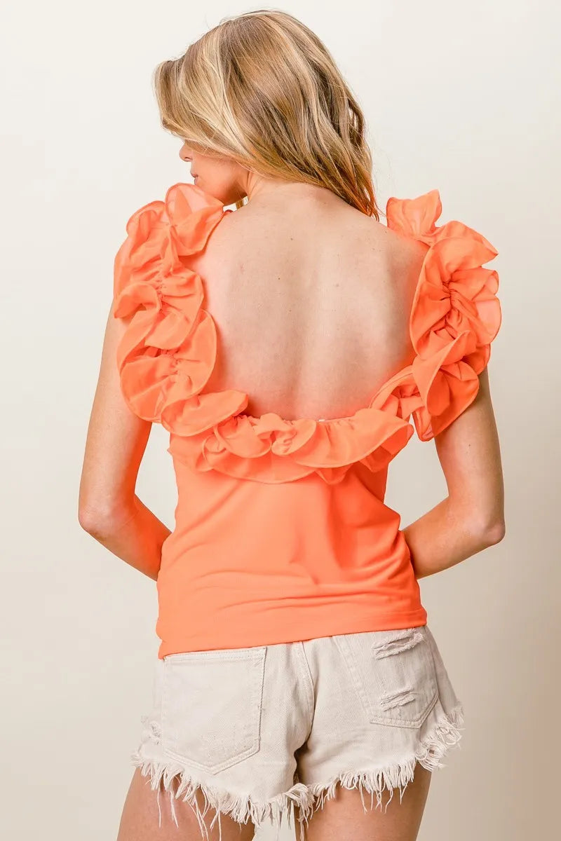 Trendsi BiBi Merrow frilled strap neckline tank top featuring a stylish sleeveless design and delicate frill detailing.