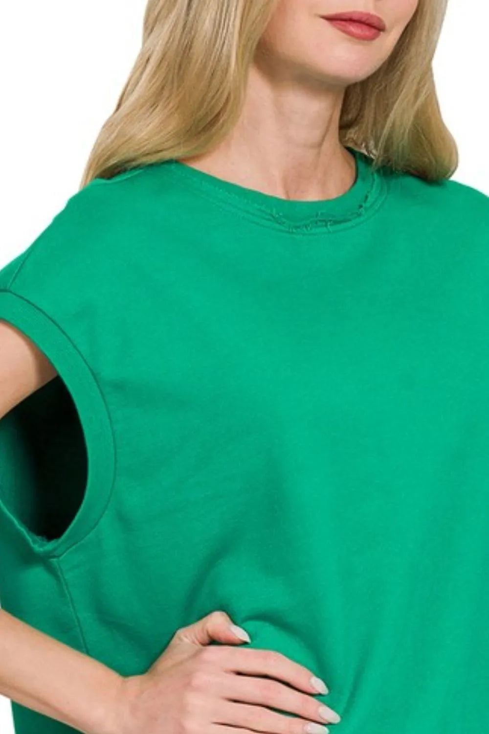 Zenana French Terry cap sleeve round neck T-shirt in soft fabric, casual style, shown in light color with relaxed fit.