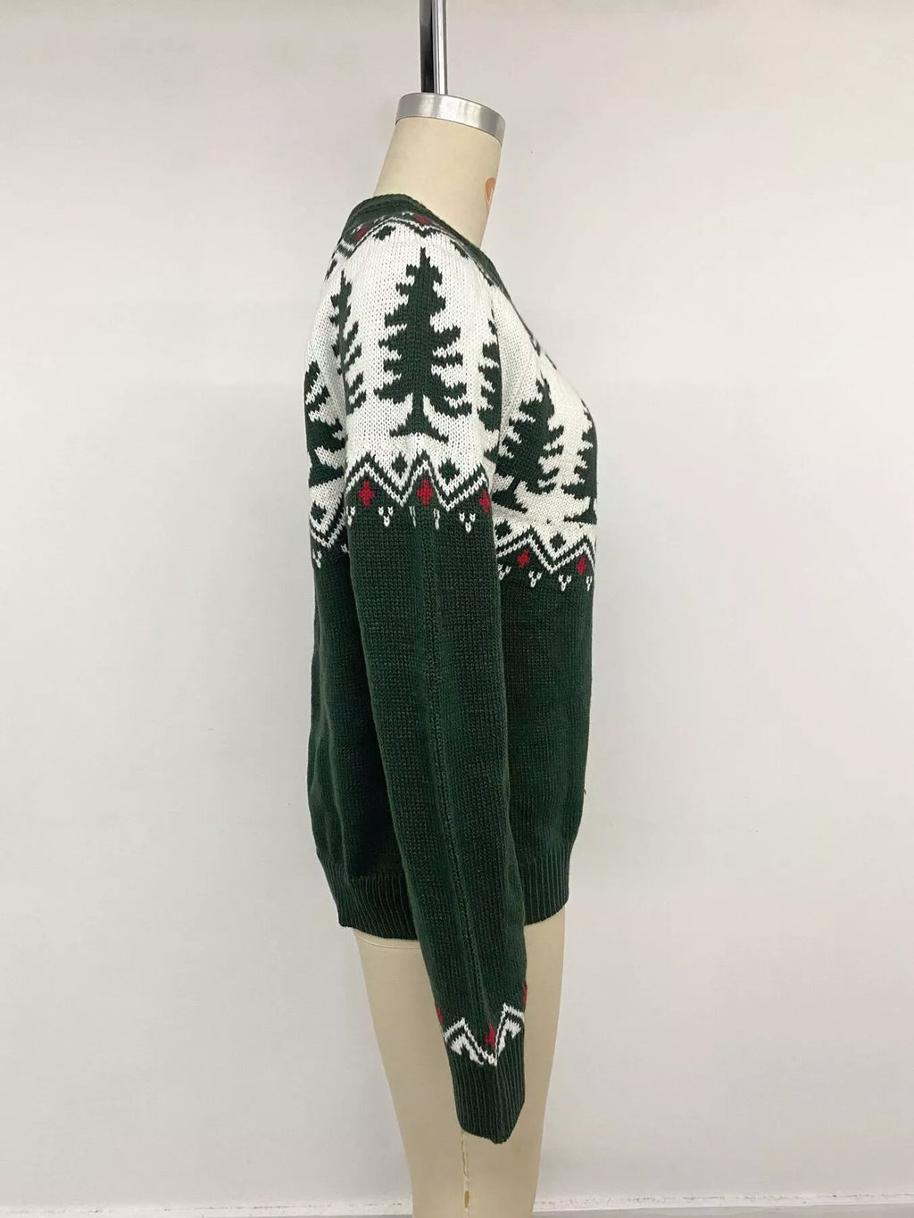 Dark green Christmas tree pattern round neck sweater, view 13