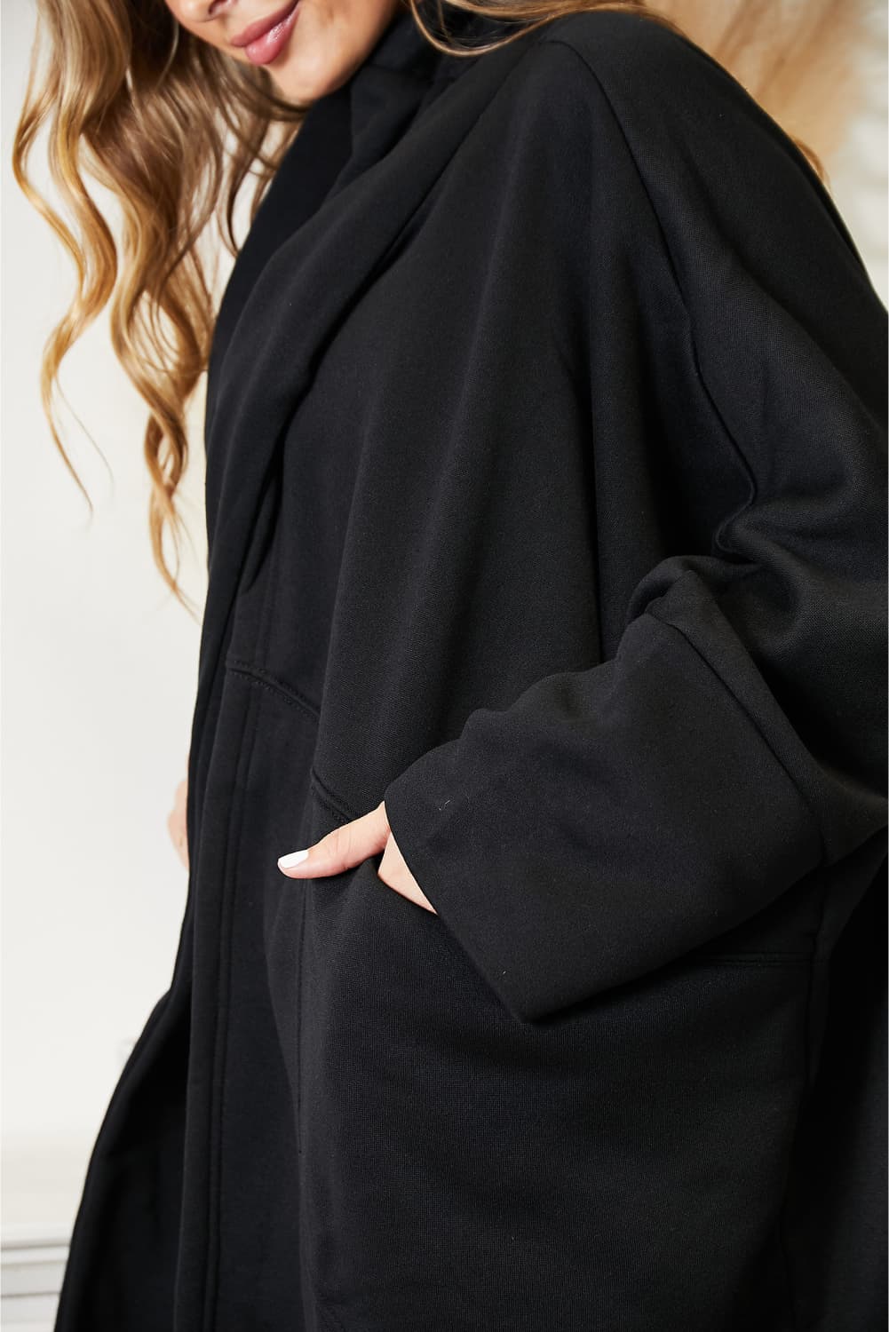 Trendsi HEYSON full size open front cardigan with scarf design, featuring a cozy knit texture and relaxed fit.