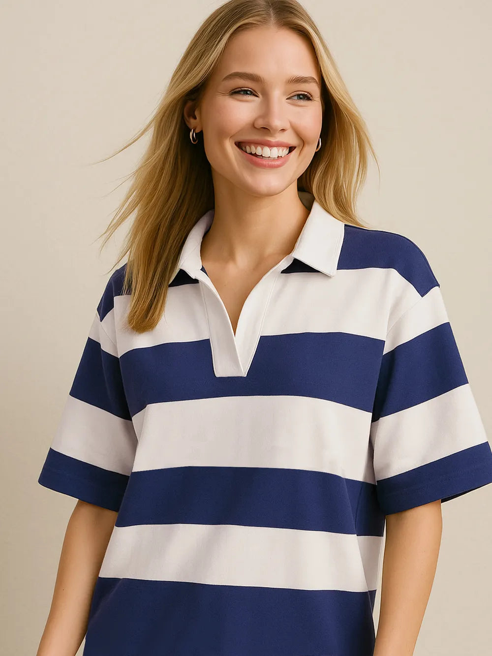 Oh Pima cotton color block Johnny collar half sleeve top by Trendsi, featuring a stylish design with a classic collar and contrasting colors.