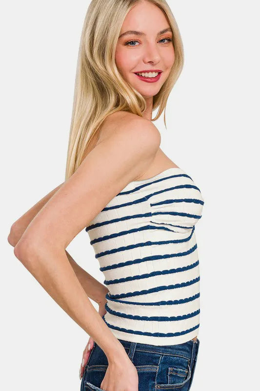 Zenana twisted sweetheart neck striped tube top with fitted design and bold pattern, perfect for trendy summer outfits.