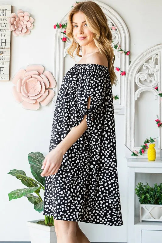 Heimish plus size short sleeve off-shoulder animal print mini dress, trendy and stylish for casual wear