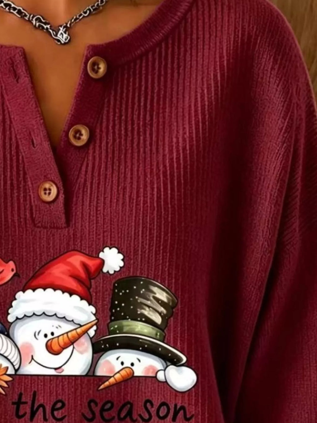 Christmas snowman graphic ribbed henley sweatshirt, view 8
