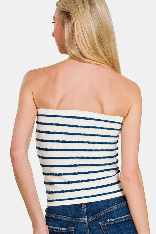 Zenana twisted sweetheart neck striped tube top featuring a fitted design and bold horizontal stripes, perfect for casual wear.