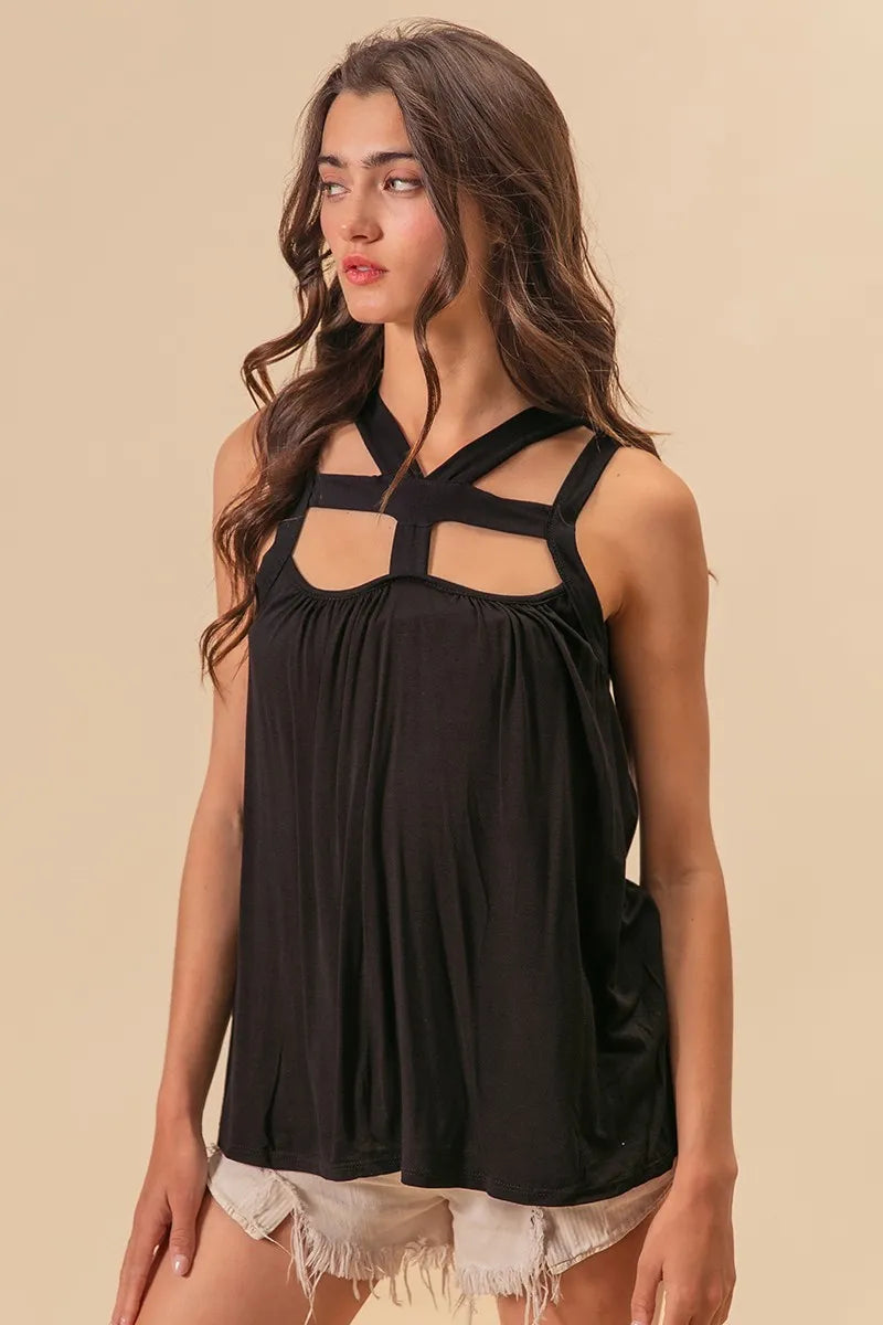 BiBi Rayon Span Jersey top with cut-out design and strap details, featuring trendy and comfortable fashion from Trendsi.