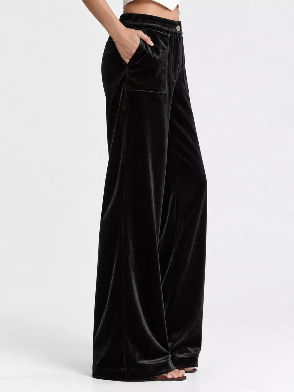 Full size high-waisted wide-leg velvet pants with pockets, plus size, stylish and comfortable trendy pants from Trendsi.