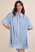 Trendsi Very J pleated detail button-down mini dress featuring a stylish, fitted silhouette with pleats and a classic collar.