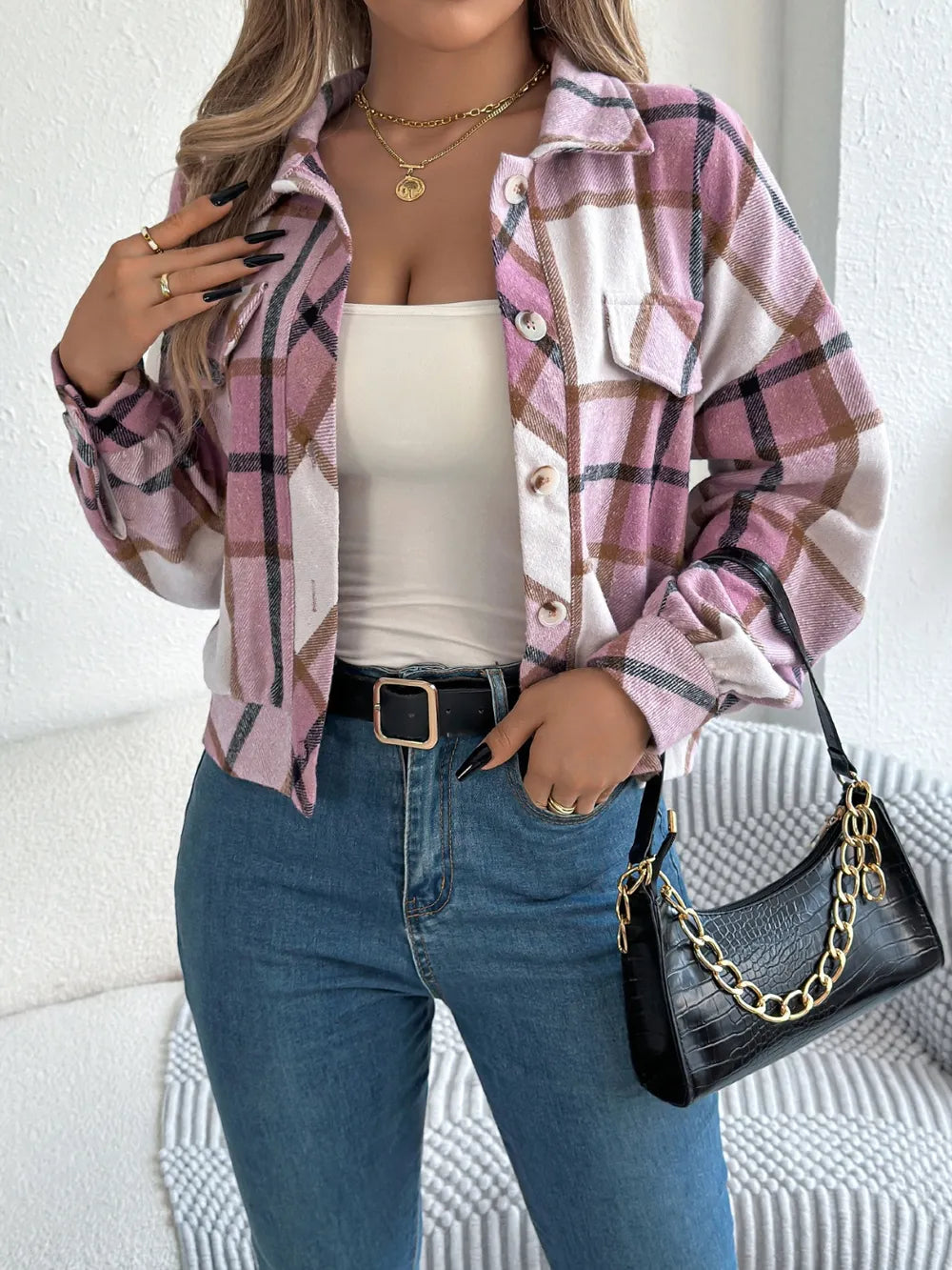 Plaid button-up long sleeve jacket, view 18