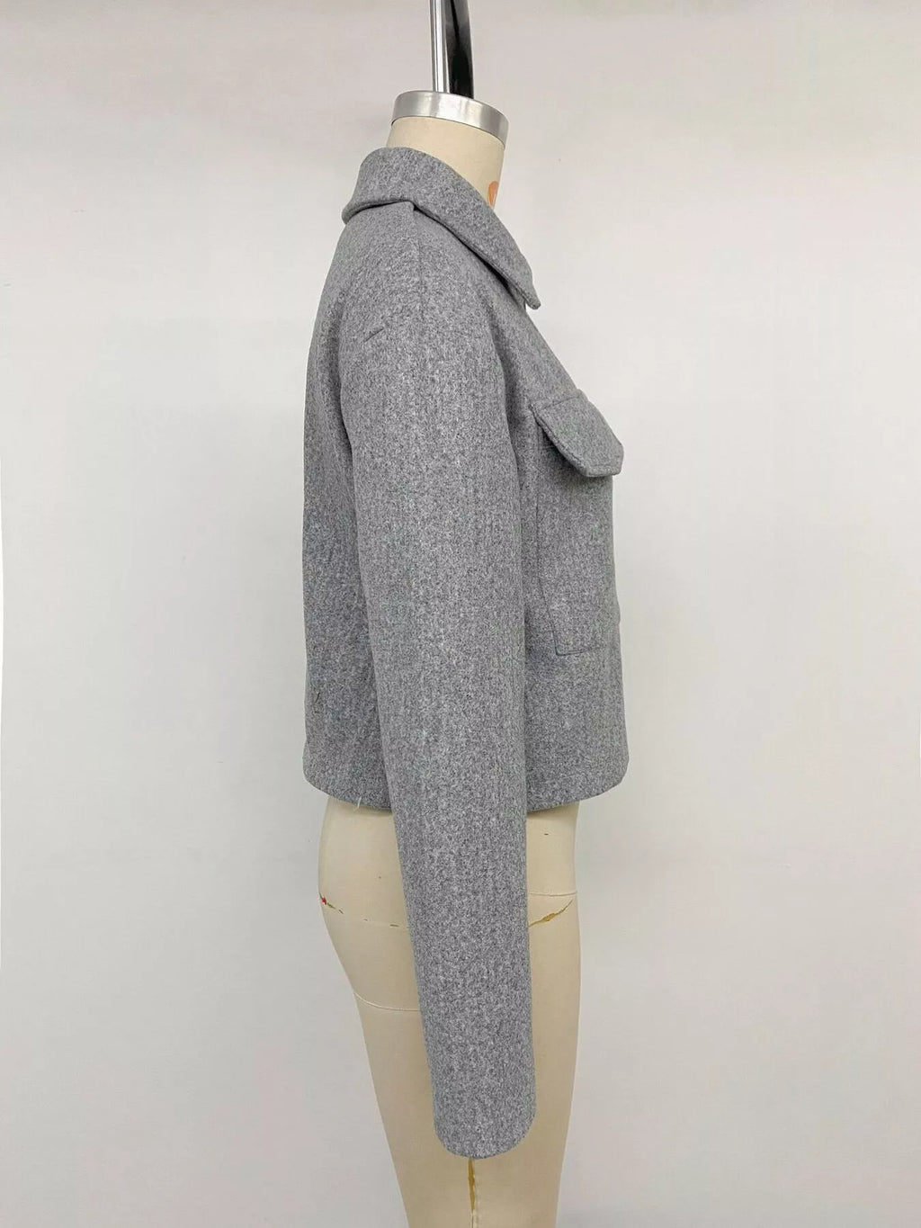 Gray cropped zip-up shacket with flap pockets, view 15