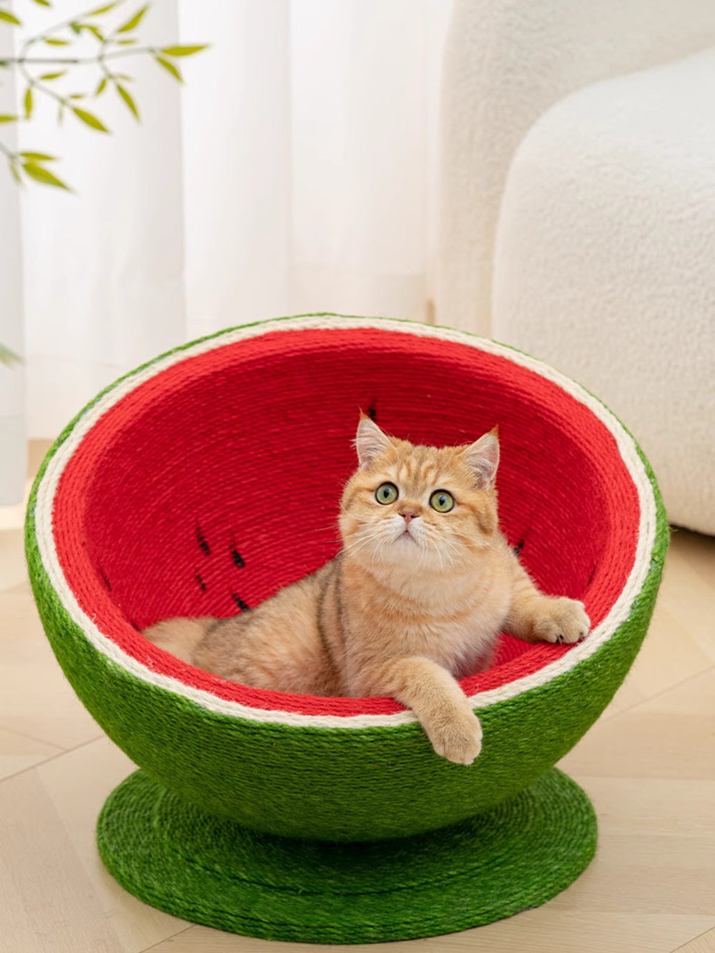 Watermelon-shaped cat scratching post nest by Trendsi with plush fabric and cozy design for feline comfort and entertainment.
