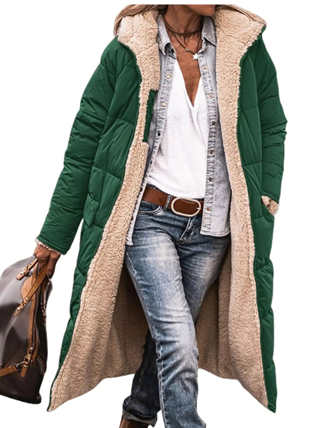 Plus size longline sherpa-lined hooded zip-up coat, view 20