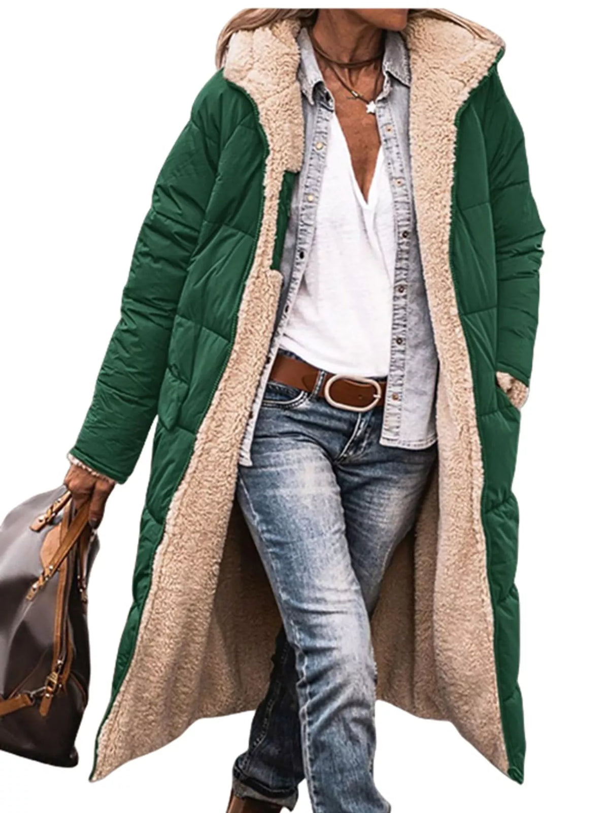 Plus size longline sherpa-lined hooded zip-up coat, view 20