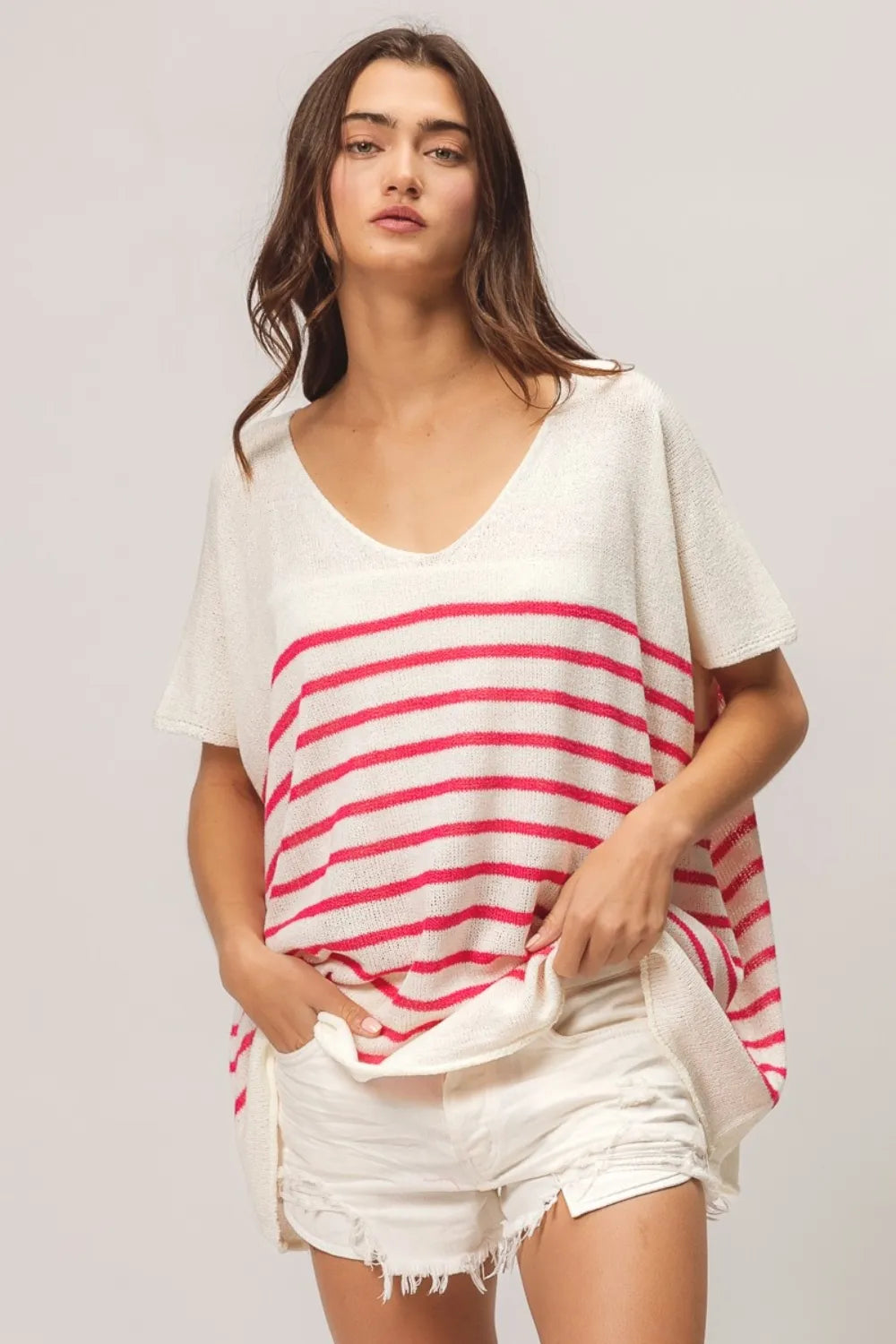 Trendsi BiBi V Neck striped short sleeve top with a relaxed fit and bold horizontal stripes on lightweight fabric.